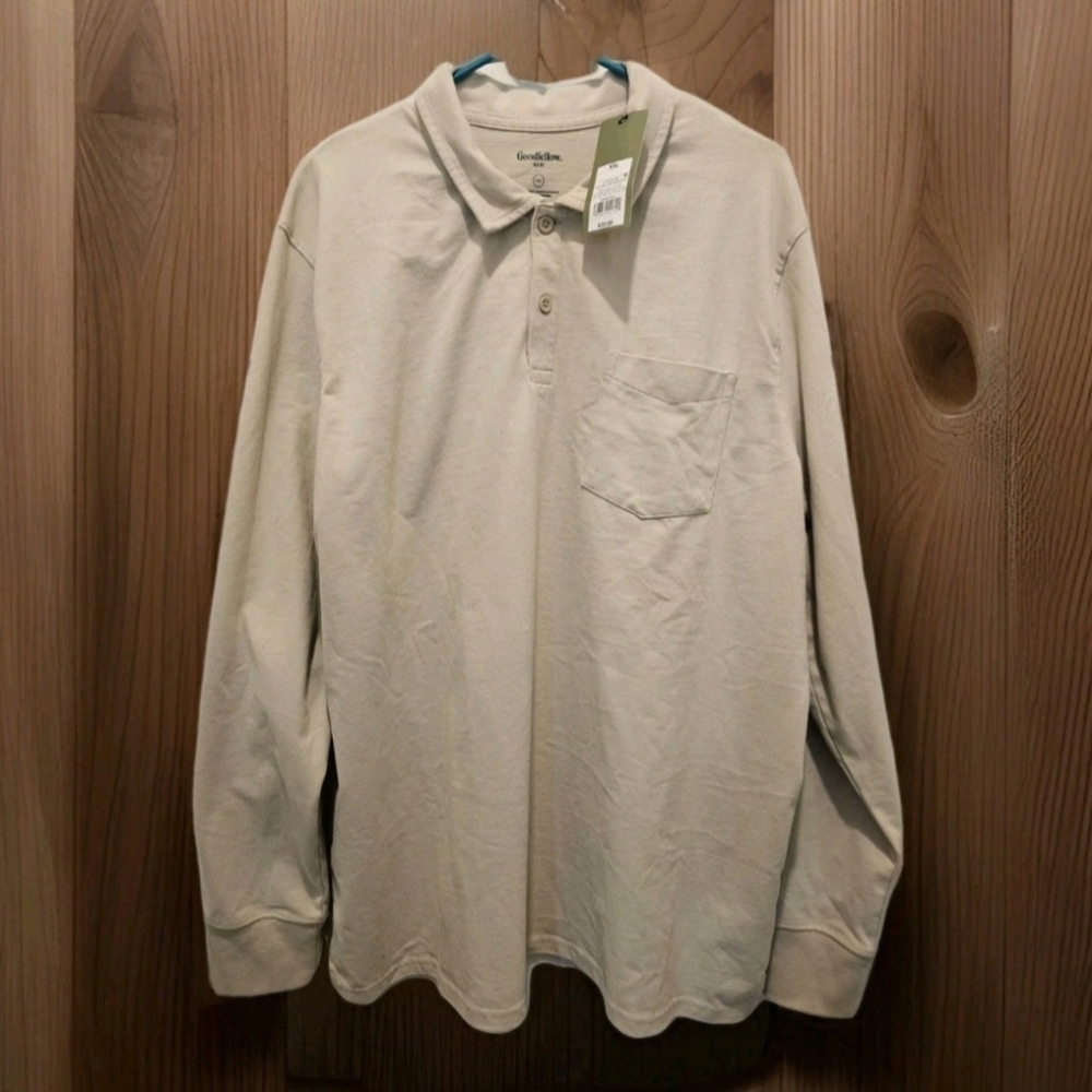 Goodfellow & Co Mens Long Sleeve Pocket Polo Shirt Cream Size XXL New With Tags